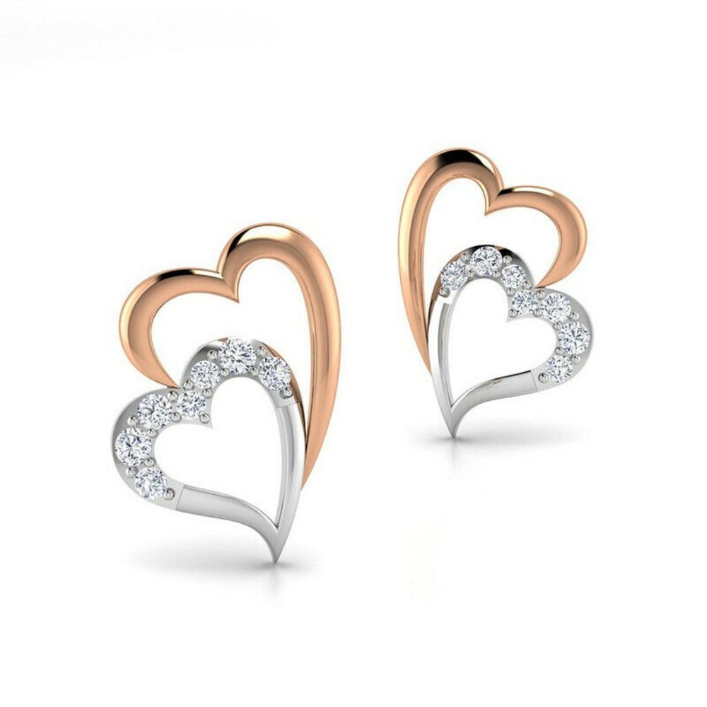 NEW 14k Rose Gold Sterling Silver Diamond Double Heart Studs - Picture 2 of 3
